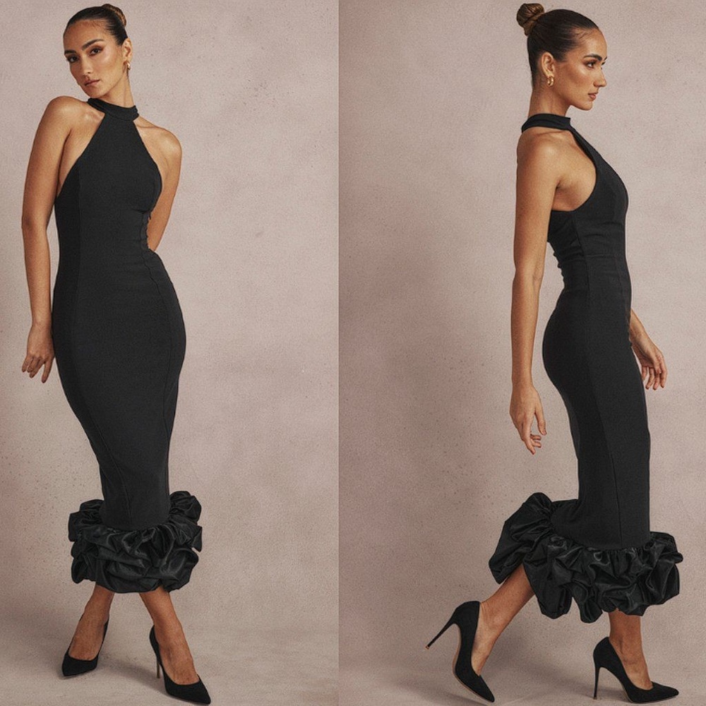 House of CB Juniper Black Peplum Midi Dress Size S